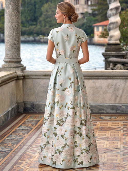 A-Line Mother Of The Bride Dresses Elegant Printed Stain Floor-Length Short Sleeves V-Neck Belt Front Slit Wedding Guest Dress