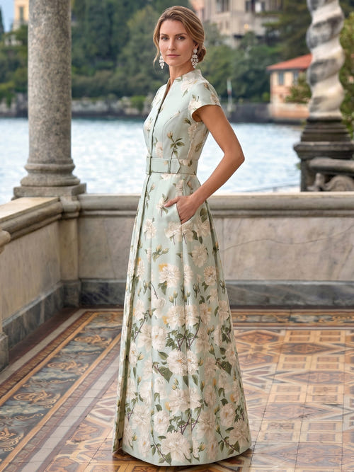 A-Line Mother Of The Bride Dresses Elegant Printed Stain Floor-Length Short Sleeves V-Neck Belt Front Slit Wedding Guest Dress