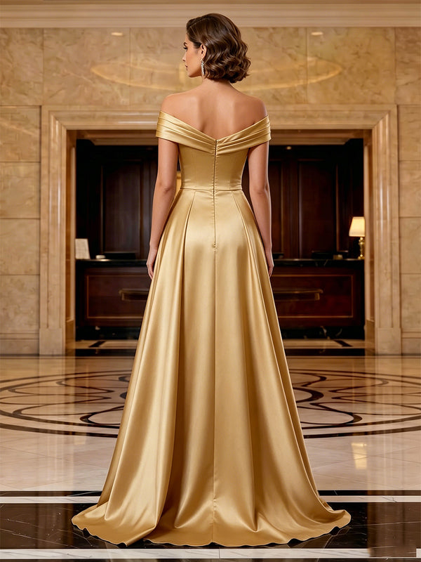 A-Line Evening Dresses Beaded Satin Off-The-Shoulder Floor-Length Short Sleeves Boning Formal Dress With Overskirt