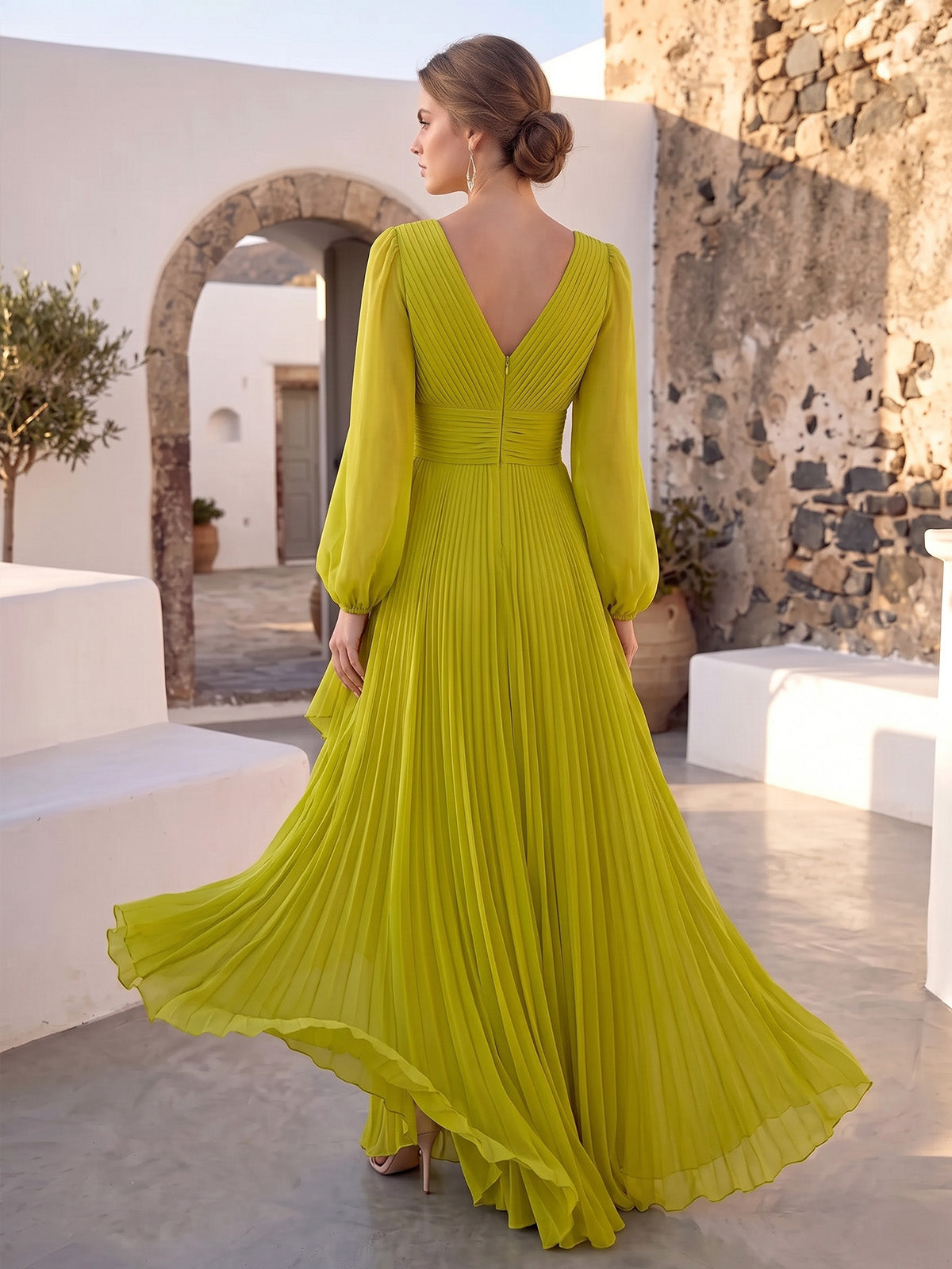 A-Line/Princess Formal Dresses Chiffon V-Neck Long Sleeves Floor-Length Pleated Layered Ruffles Side Slit Evening Dresses With 3D Flower Zipper
