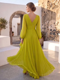 A-Line/Princess Formal Dresses Chiffon V-Neck Long Sleeves Floor-Length Pleated Layered Ruffles Side Slit Evening Dresses With 3D Flower Zipper