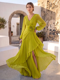 A-Line/Princess Formal Dresses Chiffon V-Neck Long Sleeves Floor-Length Pleated Layered Ruffles Side Slit Evening Dresses With 3D Flower Zipper