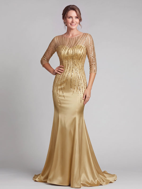 Mermaid Mother Of The Bride Evening Sequined Dresses Boat Neck Long Sleeves Gold Formal Wedding Floor Length Sparkly Party Dresses