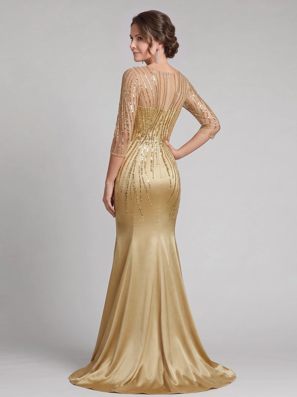 Mermaid Mother Of The Bride Evening Sequined Dresses Boat Neck Long Sleeves Gold Formal Wedding Floor Length Sparkly Party Dresses