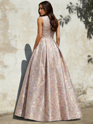 A-Line Evening Gown Elegant Jacquard Floral Dress Floor Length Sleeveless V Neck with Slit Pocket Sage Wedding Guest Dress