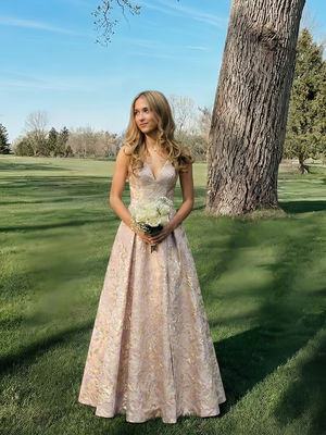 A-Line Evening Gown Elegant Jacquard Floral Dress Floor Length Sleeveless V Neck with Slit Pocket Sage Wedding Guest Dress