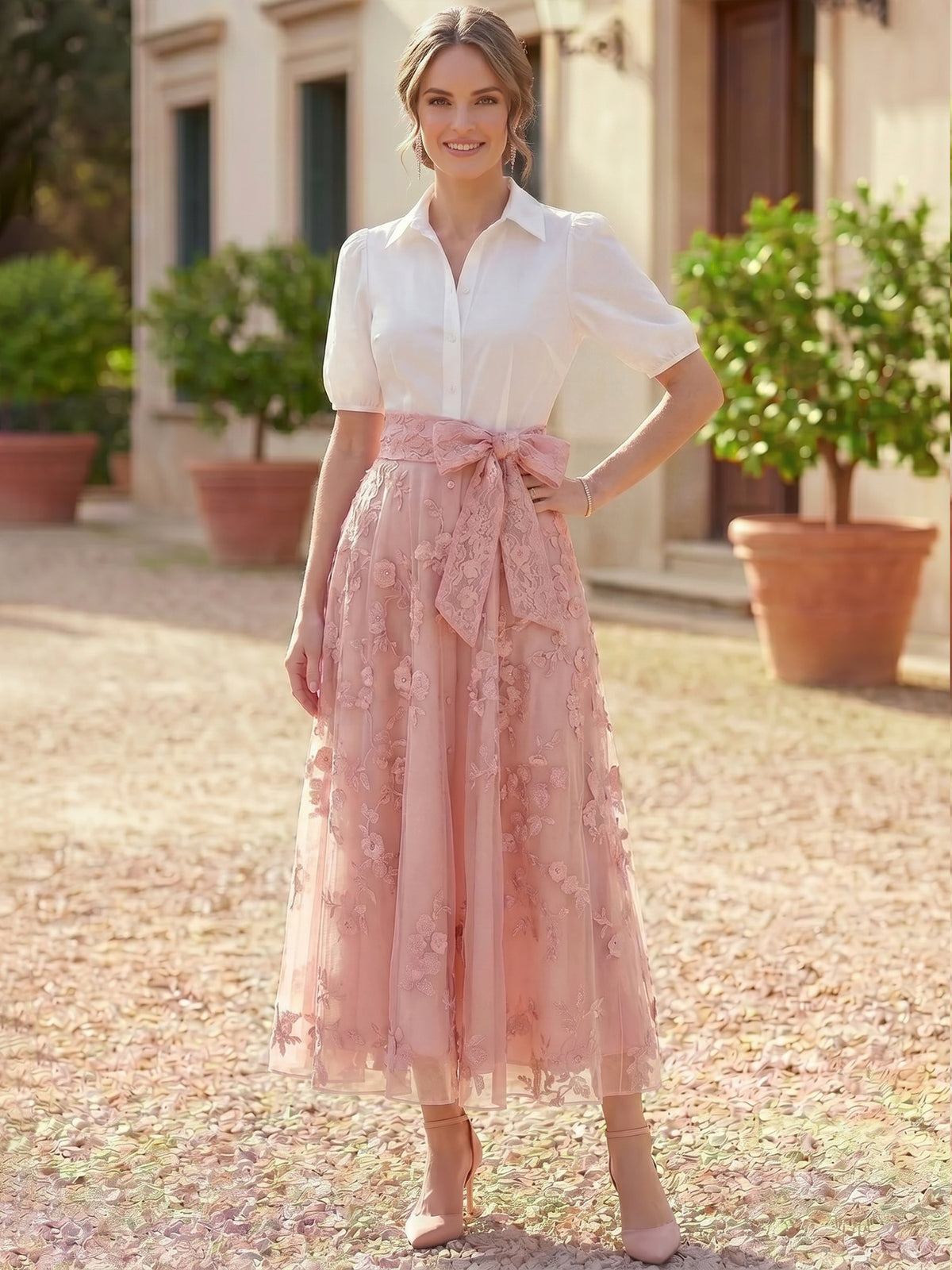 Nafori Dusty Rose A-Line Cocktail Dress Tea Length Party French Vintage Dresses Elegant Short Sleeve V Neck Wedding Party Wear With Bowknot Floral
