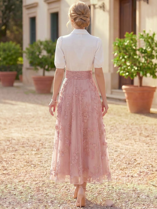 A-Line Cocktail Dress Tea Length Party French Vintage Dresses Elegant Short Sleeve V Neck Wedding Party Wear With Bowknot Floral Embroidery