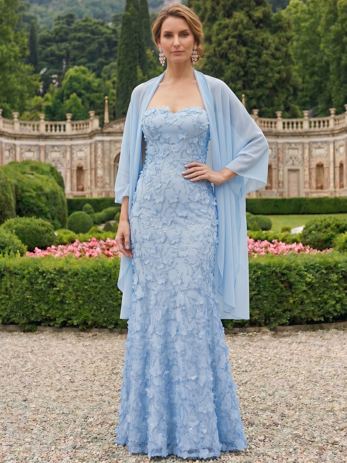 Nafori Blue Mermaid Mother Of The Bride Dress Elegant Formal Gown Chiffon Appliques Sequins Floor-Length Sleeveless Strapless With Shawl Wedding Guest