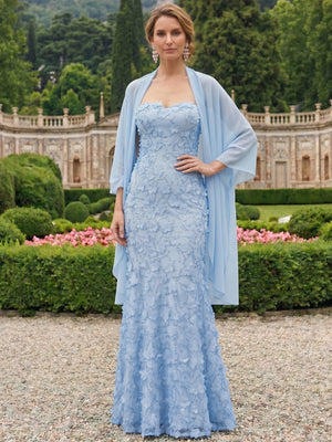 Mermaid Mother Of The Bride Dress Elegant Formal Gown Chiffon Appliques Sequins Floor-Length Sleeveless Strapless With Shawl Wedding Guest Dresses