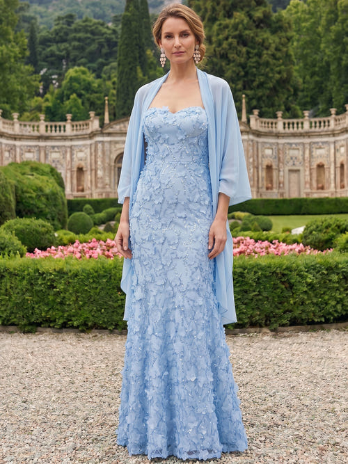 Mermaid Mother Of The Bride Dress Elegant Formal Gown Chiffon Appliques Sequins Floor-Length Sleeveless Strapless With Shawl Wedding Guest Dresses