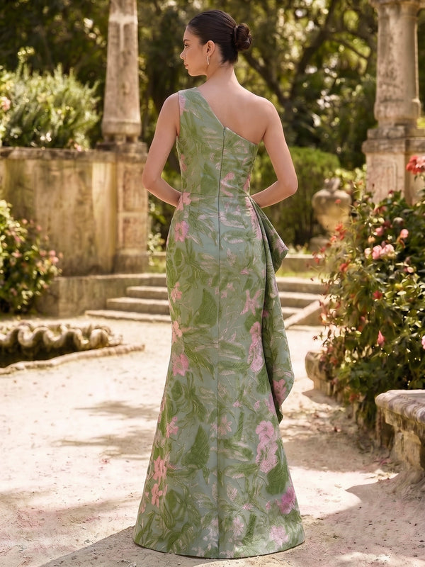 Sheath/Column Mother Of The Bride Dresses Elegant Floral Prom Jacquard Floor Length Sleeveless One Shoulder Ruffle With Side Split Wedding Guest Dress