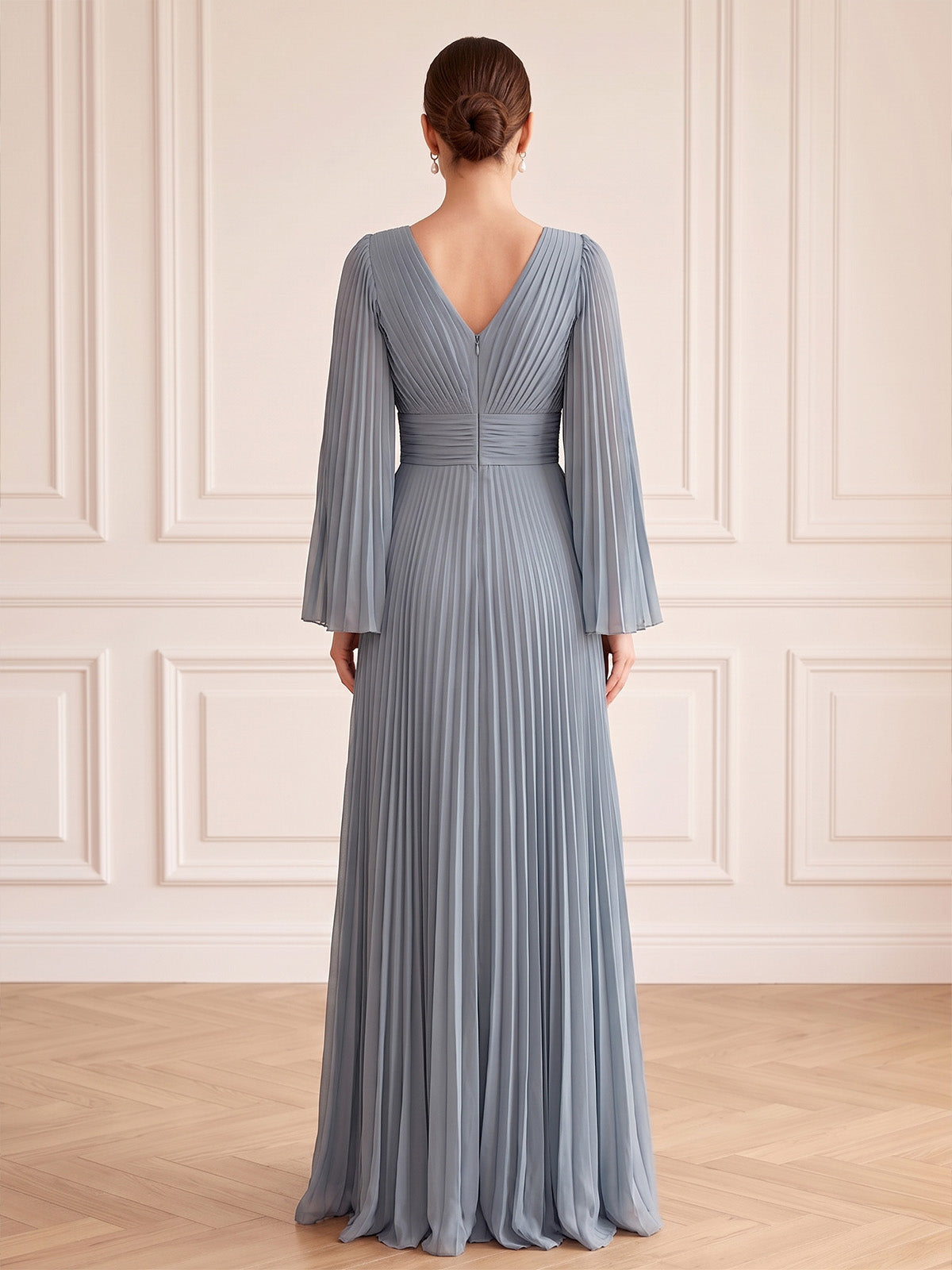 A-Line/Princess Formal Dresses Chiffon V-Neck Long Sleeves Floor-Length Pleated Evening Dresses Zipper