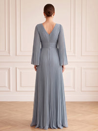 A-Line/Princess Formal Dresses Chiffon V-Neck Long Sleeves Floor-Length Pleated Evening Dresses Zipper