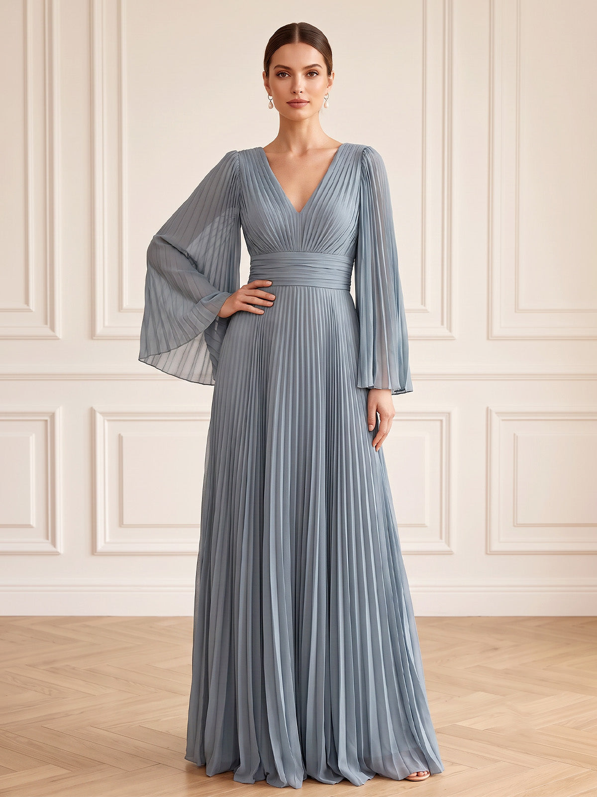 A-Line/Princess Formal Dresses Chiffon V-Neck Long Sleeves Floor-Length Pleated Evening Dresses Zipper