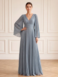 A-Line/Princess Formal Dresses Chiffon V-Neck Long Sleeves Floor-Length Pleated Evening Dresses Zipper
