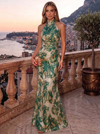 Mermaid Evening Gown Elegant Floral Dress Sleeveless Floor Length Halter Neck Jacquard Shoulder Flower Ruched Mother of the Bride Dresses