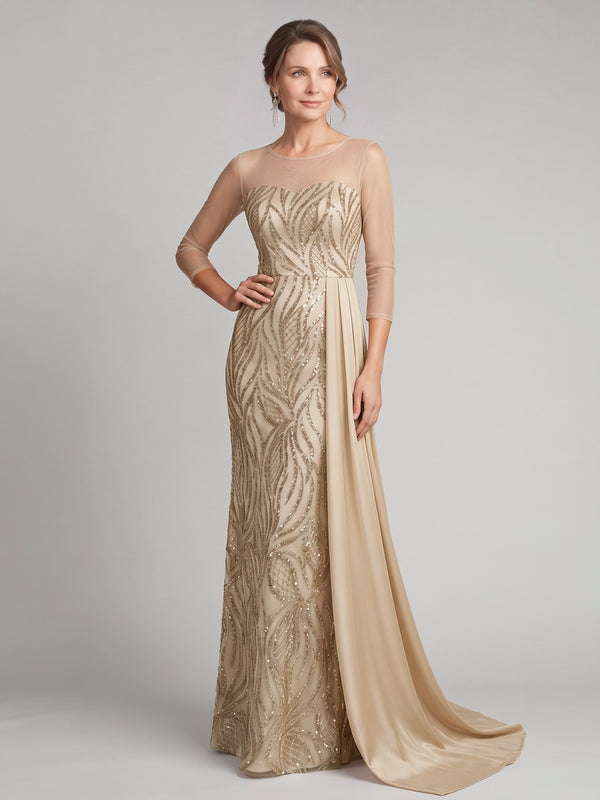 Sheath Mother Of The Bride Evening Sequined Dresses Boat Neck Long 3/4 Sleeves Champagne Formal Wedding Floor Length Sparkly Party Dresses With Side Drape