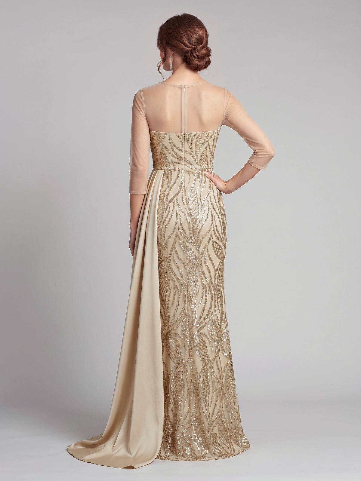 Sheath Mother Of The Bride Evening Sequined Dresses Boat Neck Long 3/4 Sleeves Champagne Formal Wedding Floor Length Sparkly Party Dresses With Side Drape