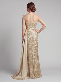 Sheath Mother Of The Bride Evening Sequined Dresses Boat Neck Long 3/4 Sleeves Champagne Formal Wedding Floor Length Sparkly Party Dresses With Side Drape