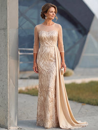 Sheath Mother Of The Bride Evening Sequined Dresses Boat Neck Long 3/4 Sleeves Champagne Formal Wedding Floor Length Sparkly Party Dresses With Side Drape