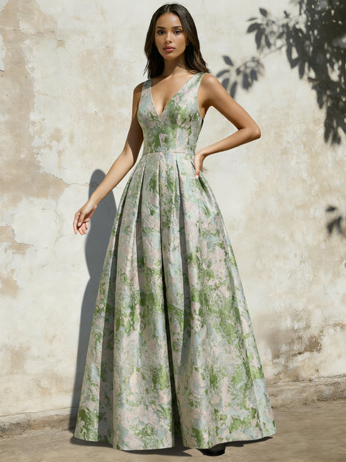 A-Line Evening Gown Elegant Jacquard Floral Dress Floor Length Sleevel A-Line Evening Gown Elegant Jacquard Floral Dress Floor Length Sleevel