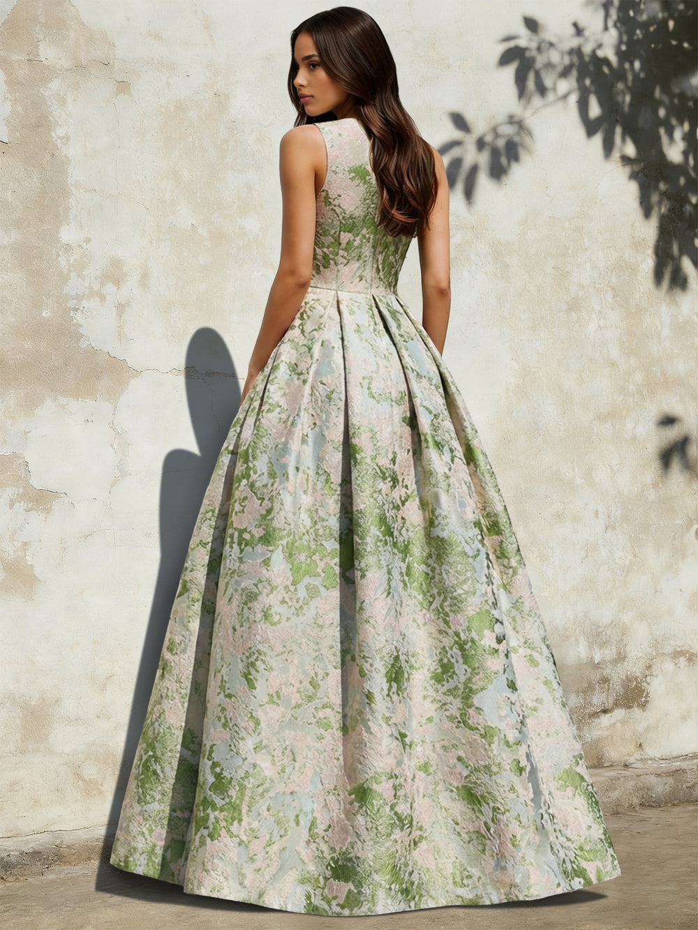 A-Line Evening Gown Elegant Jacquard Floral Dress Floor Length Sleeveless V Neck with Pocket Blue Wedding Guest Dress