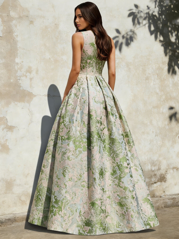 A-Line Evening Gown Elegant Jacquard Floral Dress Floor Length Sleeveless V Neck with Pocket Blue Wedding Guest Dress