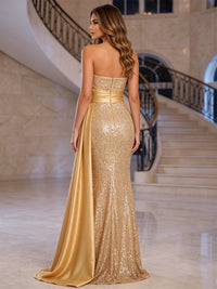 Mermaid Sequins Evening Dresses Formal Strapless Sleeveless Floor-Length Sparkle Sash With Side Drape