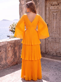 A-Line/Princess Formal Dresses Chiffon V-Neck Long Sleeves Floor-Length Pleated Tiered Ruffles Evening Dresses Zipper
