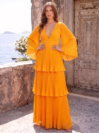 A-Line/Princess Formal Dresses Chiffon V-Neck Long Sleeves Floor-Length Pleated Tiered Ruffles Evening Dresses Zipper