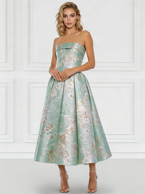 A-Line/Princess Elegant Cocktail Dress Strapless Tea-Length Floral Jacquard Dress Formal Wedding Guest