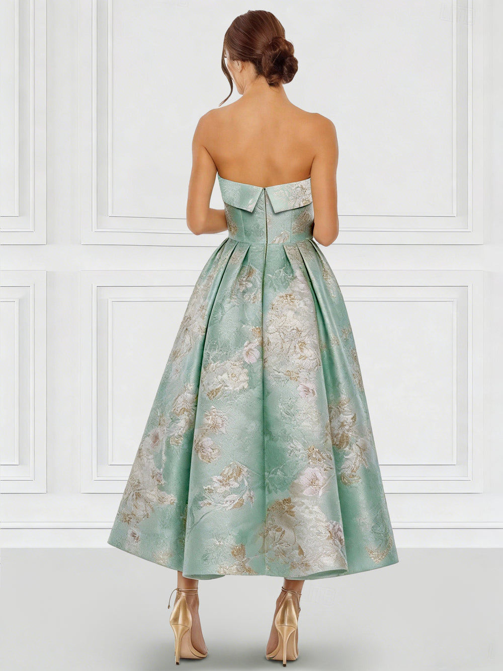 A-Line/Princess Elegant Cocktail Dress Strapless Tea-Length Floral Jacquard Dress Formal Wedding Guest
