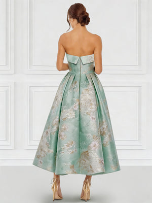 A-Line/Princess Elegant Cocktail Dress Strapless Tea-Length Floral Jacquard Dress Formal Wedding Guest