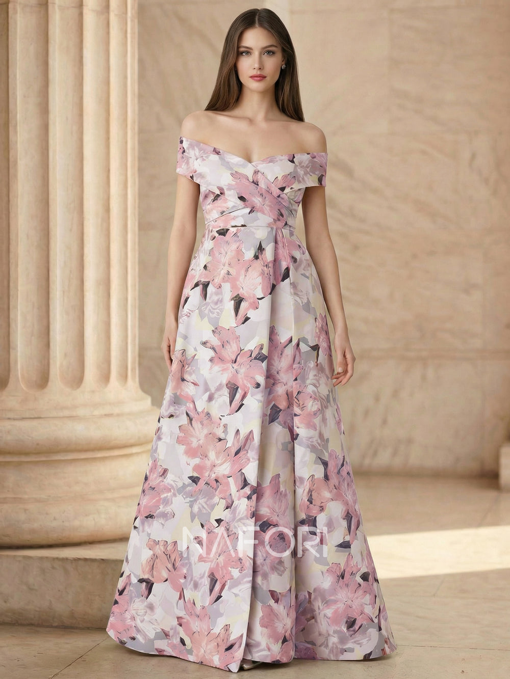A Line/Princesses Evening Dress Elegant Pink Floral Sleevelss Evening Dress Off The Shoulder Floor-Length Dress
