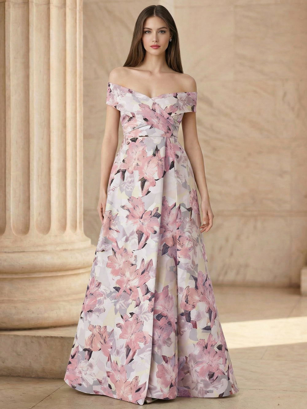 A Line/Princesses Evening Dress Elegant Pink Floral Sleevelss Evening Dress Off The Shoulder Floor-Length Dress