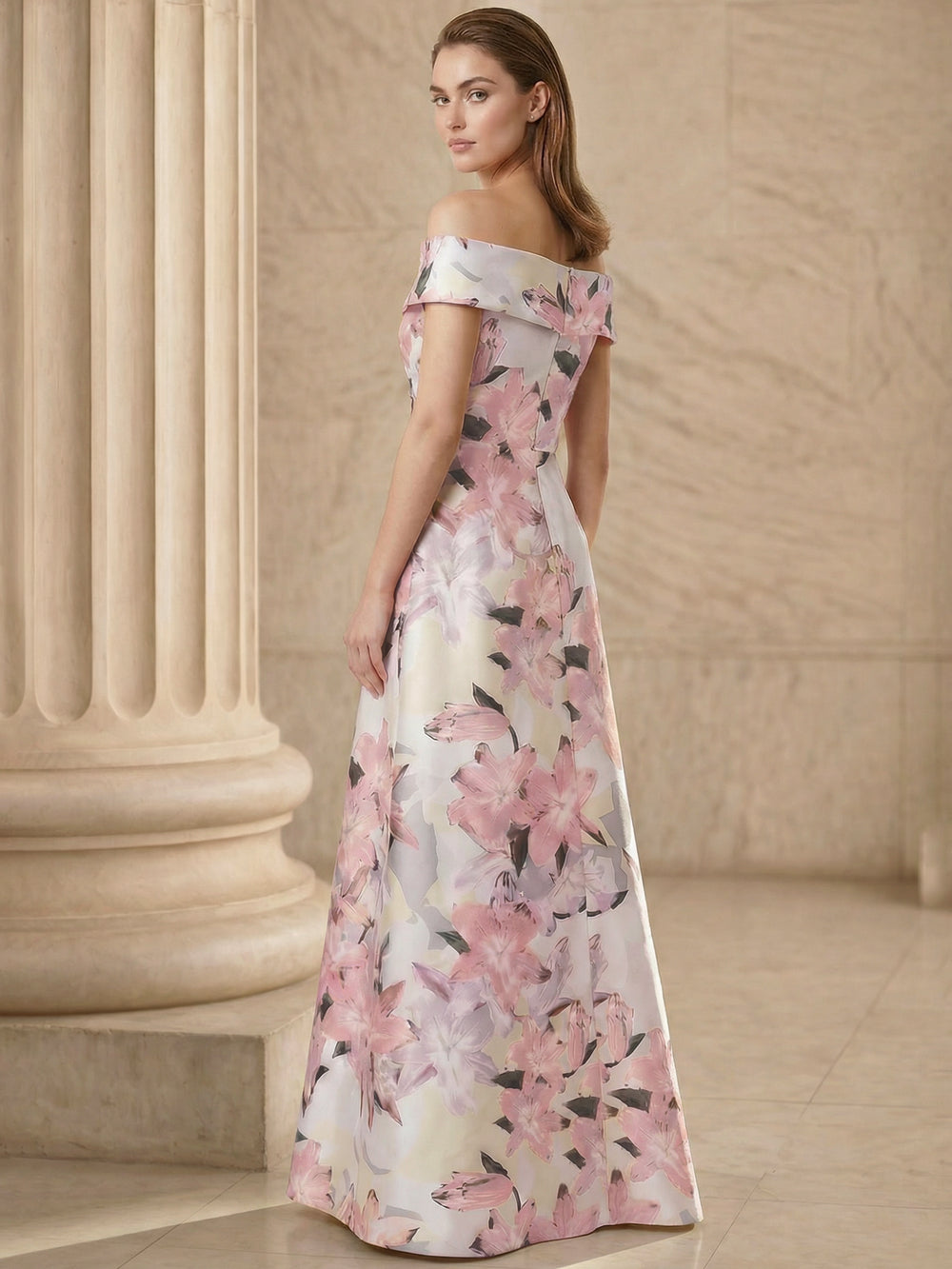 A Line/Princesses Evening Dress Elegant Pink Floral Sleevelss Evening Dress Off The Shoulder Floor-Length Dress