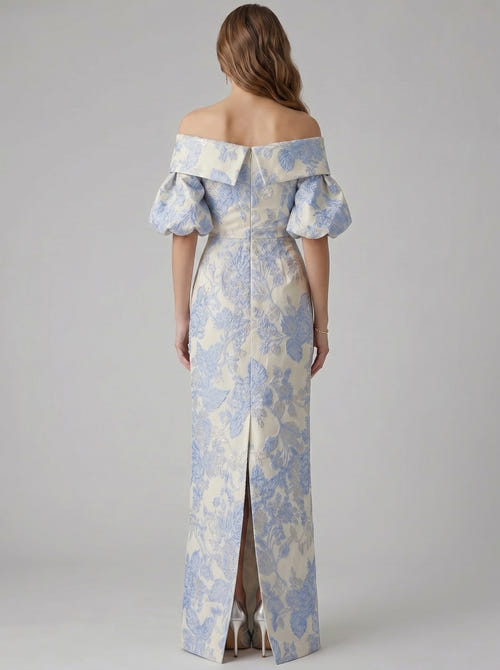 Sheath/Column Evening Dress Off The Shoulder Metallic Jacquard Evening Gown Puff Sleeve With Back Slit