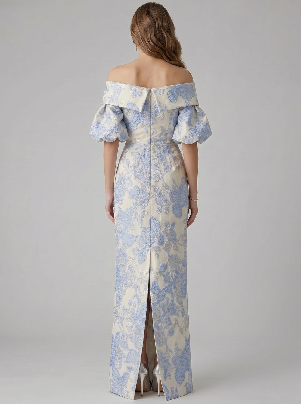 Sheath/Column Evening Dress Off The Shoulder Metallic Jacquard Evening Gown Puff Sleeve With Back Slit
