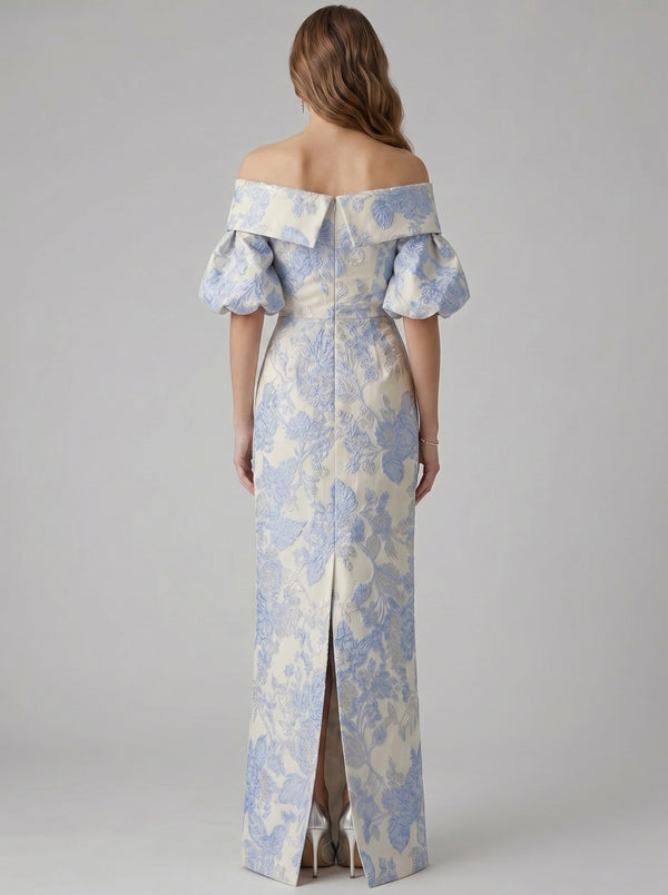 鞘形/直筒晚礼服 一字肩金属提花晚礼服 泡泡袖带后开叉