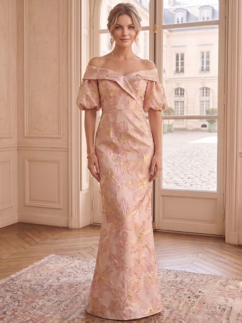 Sheath/Column Evening Dress Off The Shoulder Metallic Jacquard Evening Gown Puff Sleeve With Back Slit