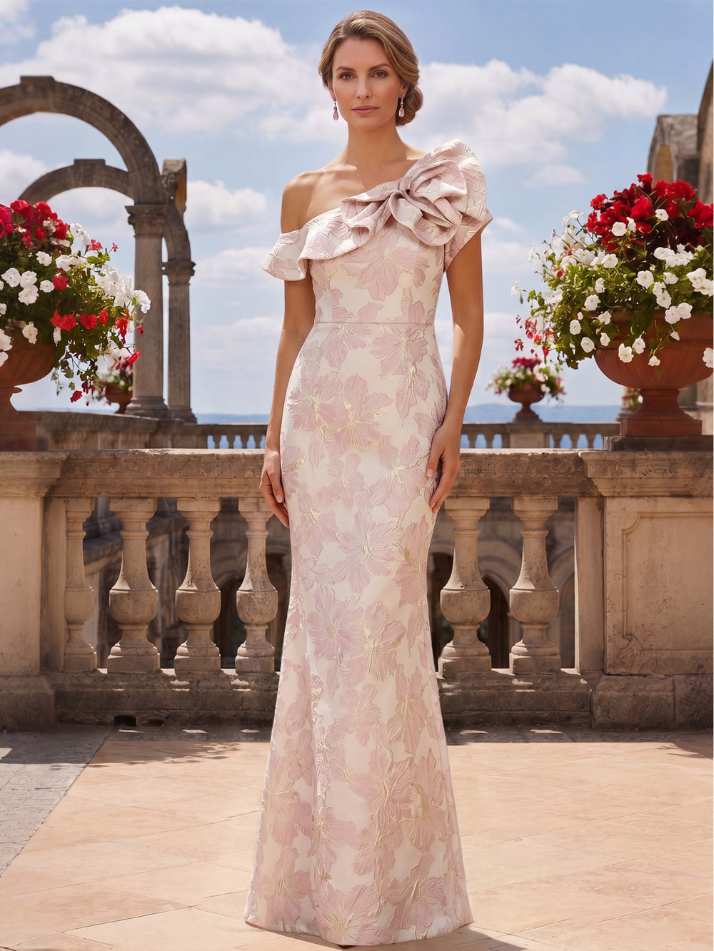 Mermaid Mother Of The Bride Dress Elegant Floral Jacquard Satin Floor-Length Sleeveless One-Shoulder With Flower Wedding Guest Dresses