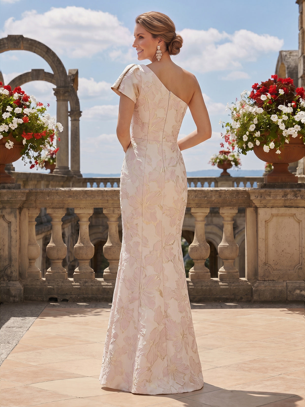 Nafori Petal Mermaid Mother Of The Bride Dress Elegant Floral Jacquard Satin Floor-Length Sleeveless One-Shoulder With Flower Wedding Guest Dresses