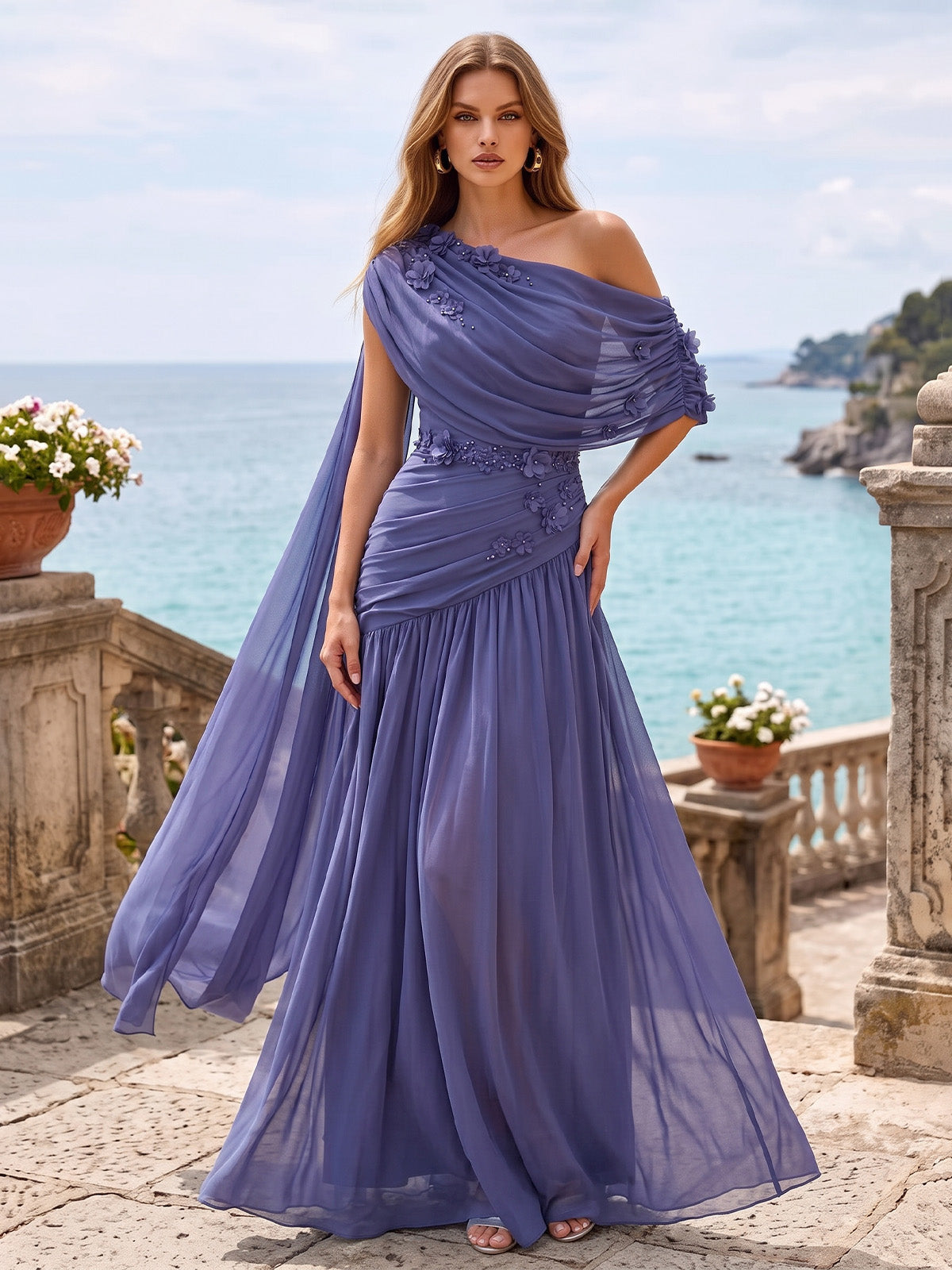 A-Line/Princess Formal Dresses Chiffon One-Shoulder Half Sleeve Floor-Length Pleated Beaded Evening Dresses With 3D Flowers