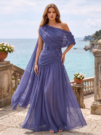 A-Line/Princess Formal Dresses Chiffon One-Shoulder Half Sleeve Floor-Length Pleated Beaded Evening Dresses With 3D Flowers