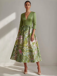 A-Line Cocktail Dress Elegant Jacquard Floral Dress Tea Length 3/4 Sleeves V Neck Wedding Guest Dress With Pocket