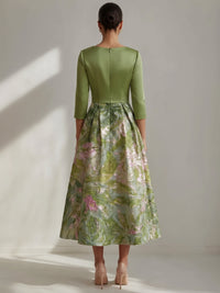 A-Line Cocktail Dress Elegant Jacquard Floral Dress Tea Length 3/4 Sleeves V Neck Wedding Guest Dress With Pocket