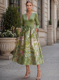 A-Line Cocktail Dress Elegant Jacquard Floral Dress Tea Length 3/4 Sleeves V Neck Wedding Guest Dress With Pocket