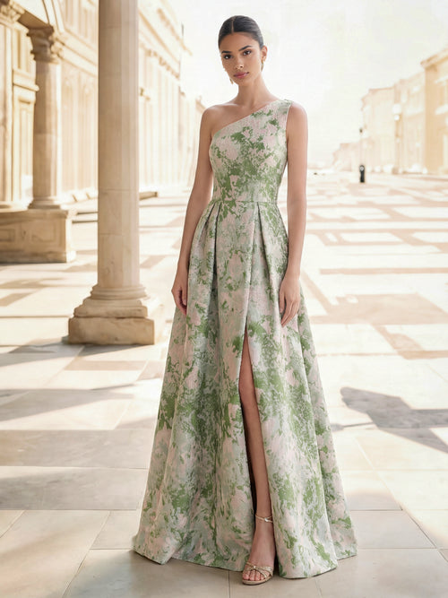 A-Line Evening Gown Elegant Jacquard Floral Dress Prom Floor Length Sleeveless One Shoulder with Slit Pocket Sage Wedding Guest Dress