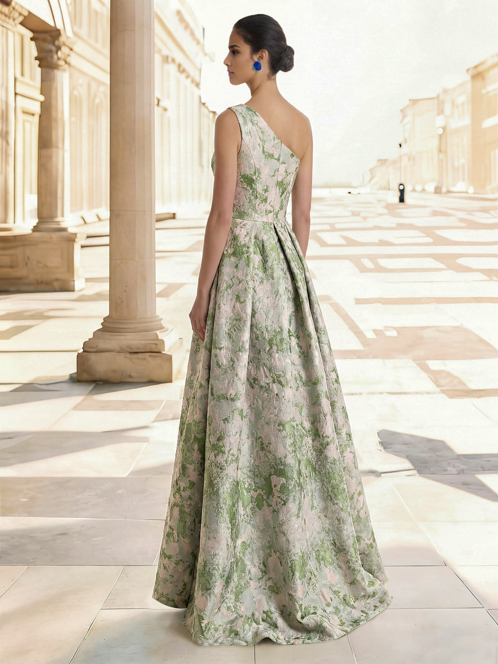 A-Line Evening Gown Elegant Jacquard Floral Dress Prom Floor Length Sleeveless One Shoulder with Slit Pocket Sage Wedding Guest Dress